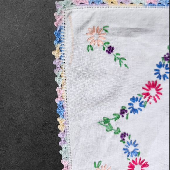 Vintage Hand Embroidered & Crochet Linen Runners Pair Floral & Red Trim 24" - Picture 5 of 12